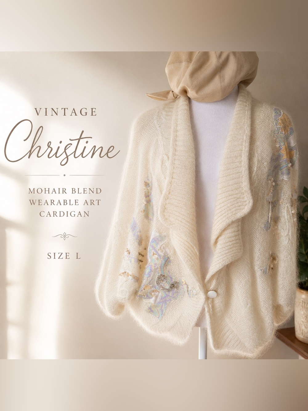 Vintage Christine Mohair Blend Wearable Art Cardigan Sweater Size Large